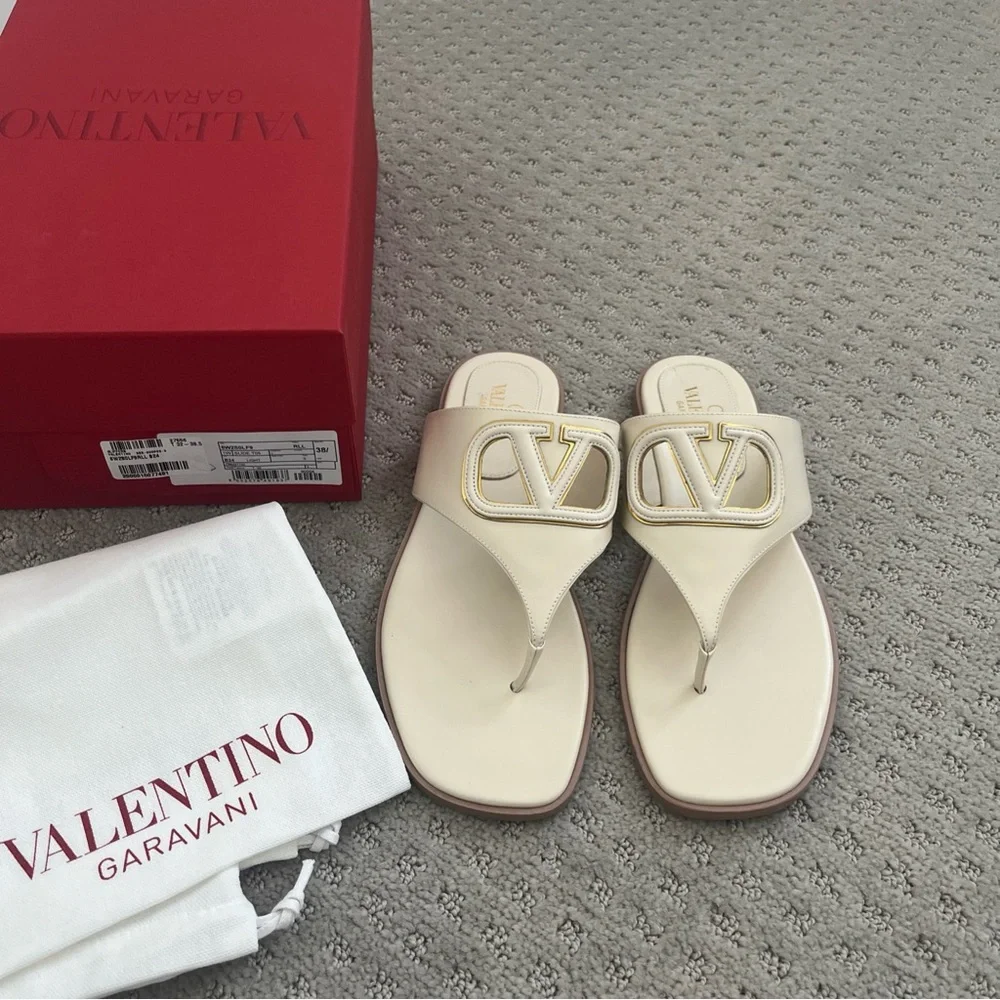 Valentino Garavani Ivory Sandals with Gold Logo - Picture 2 of 10